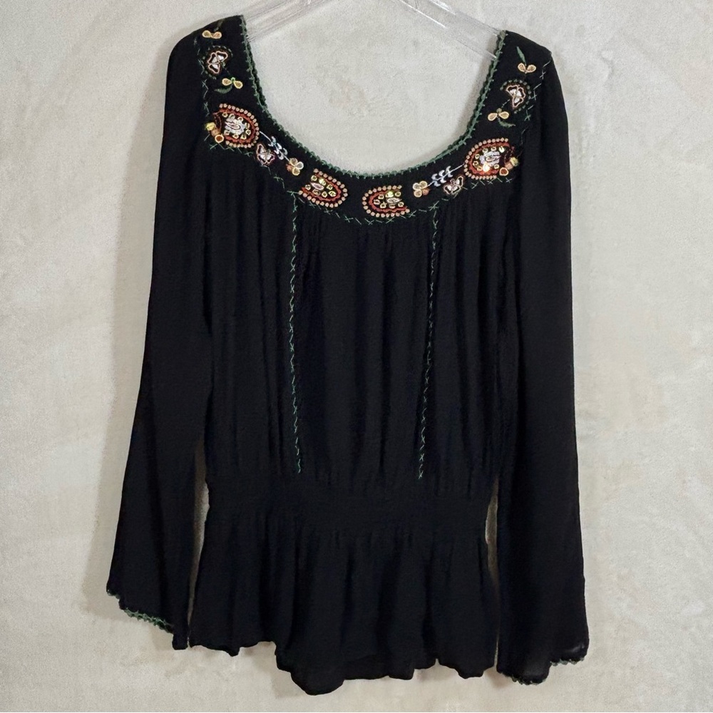 Love Potion Women's Black Embroidered Scoop-Neck Peasant Cottage Core Boho Tunic